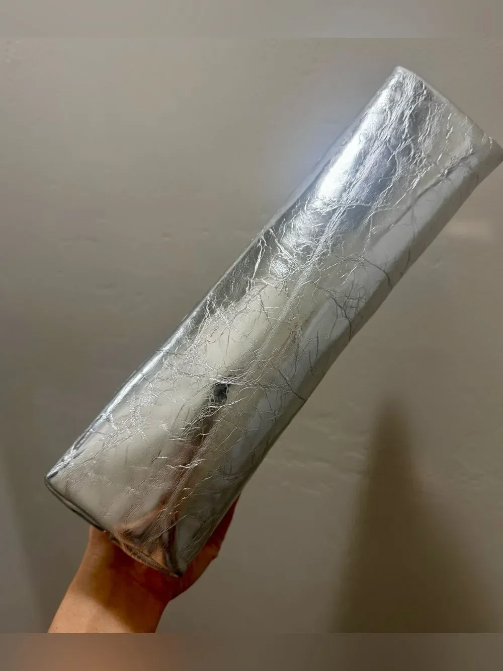 Silver Wrinkled Leather Handmade Unique Kisslock Frame Bag, Large Size Clutch